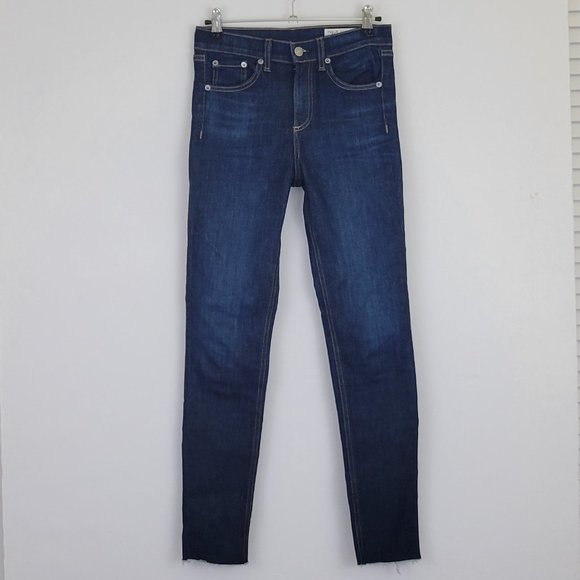 Rag & Bone 10" High Rise Skinny Ankle Raw Hem Jean in Mad River, Dark - Picture 2 of 11